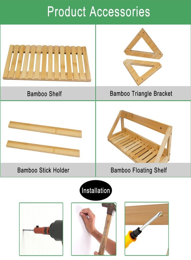 ONEHAUS Floating Shelves Wall Mounted, 3 Pcs Solid Bamboo Wall Hanging Rack Holder, Wall Storage Shelves for Bedroom, Living Room, Bathroom, Kitchen, Office Decor - Image 3